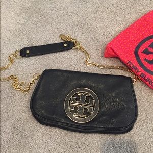 Tory Burch Logo Black Leather Clutch